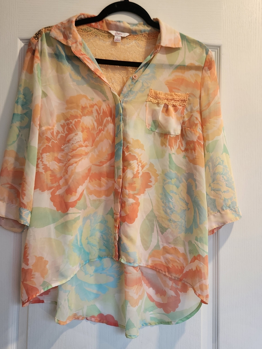 Candie's Pastel Floral Chiffon Button-Front Blouse L Euc
